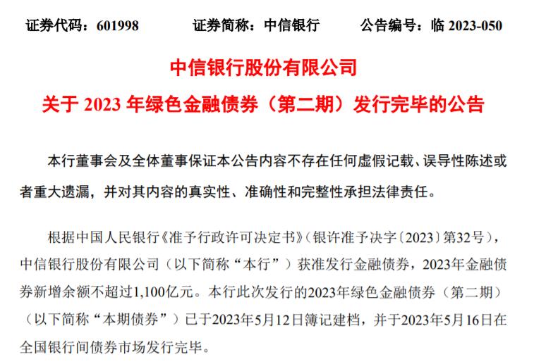 中信銀行發行100億元綠色金融債券，利率2.68%