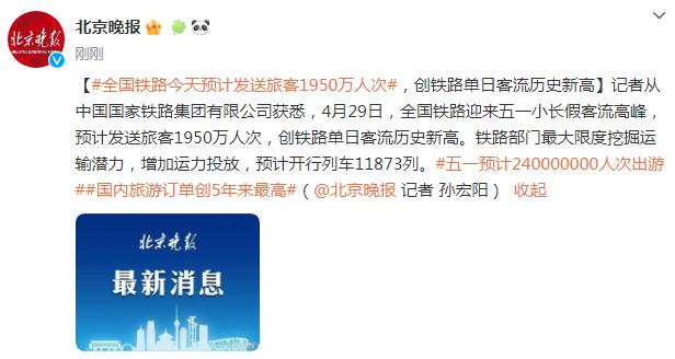 全國鐵路今天預計發送旅客1950萬人次，創鐵路單日客流歷史新高