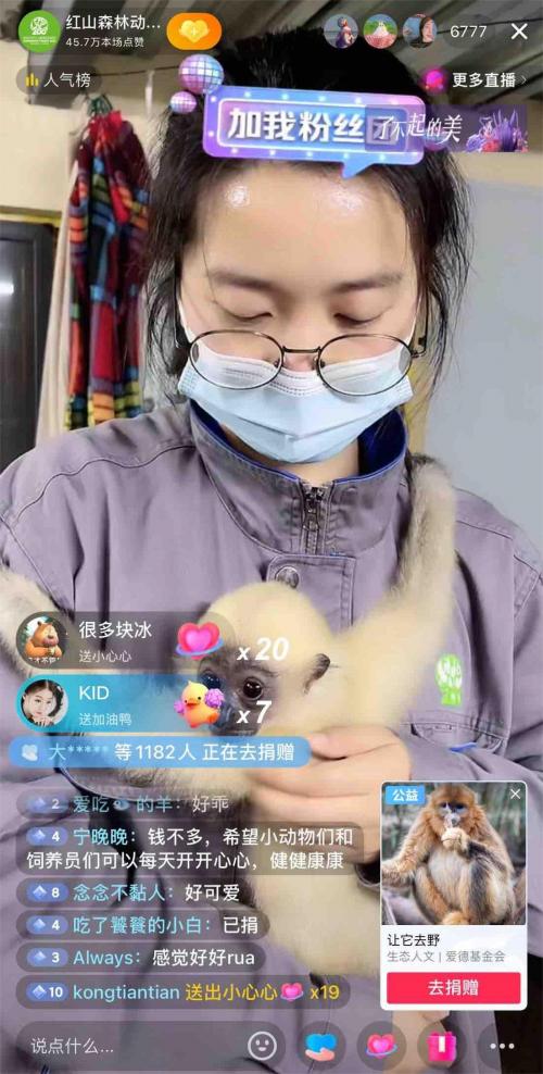 南京紅山動物園在抖音公益直播，16萬人次參與籌款