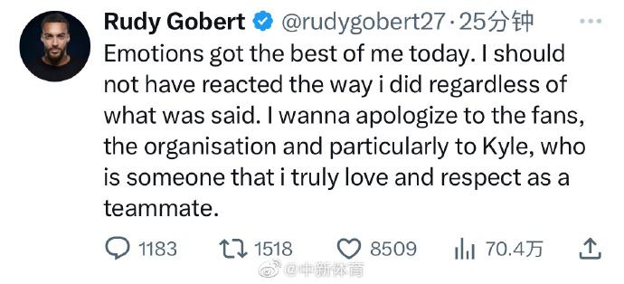 推搡隊友凱爾-安德森，NBA球員戈貝爾道歉