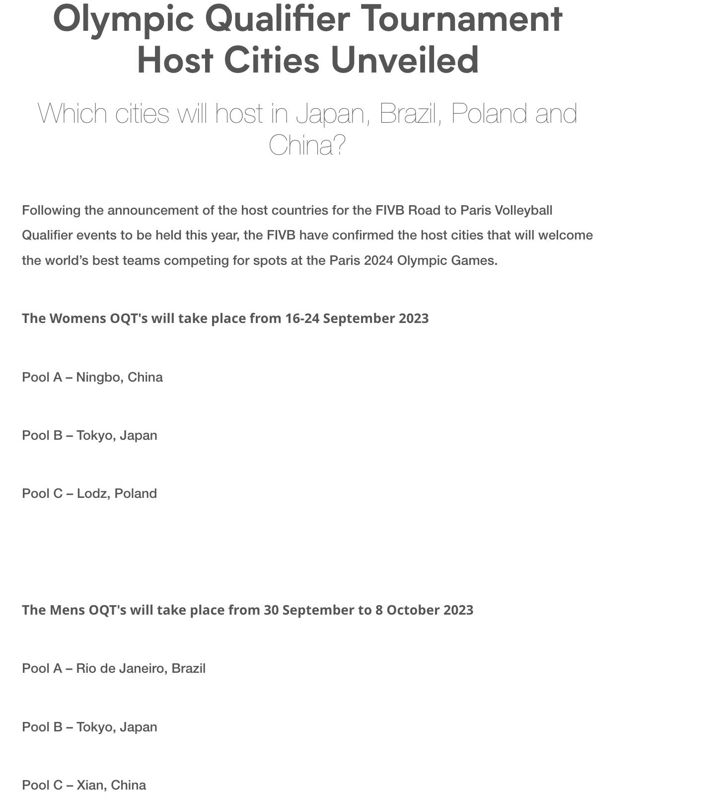 巴黎奧運會排球資格賽主辦城市揭曉 中國賽區爲寧波和西安