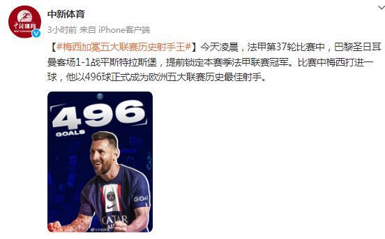 梅西加冕五大聯賽歷史射手王