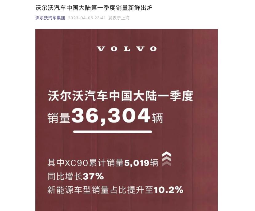 沃爾沃汽車中國大陸一季度銷量爲36304輛