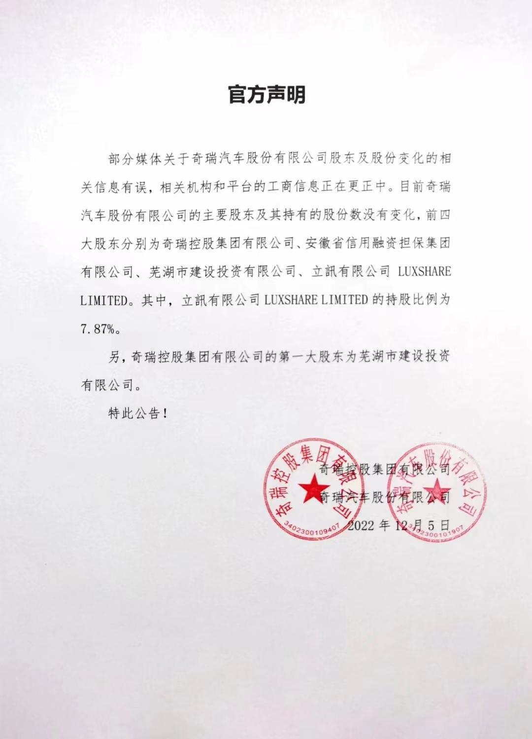 奇瑞汽車官方聲明：第一大股東爲奇瑞控股集團