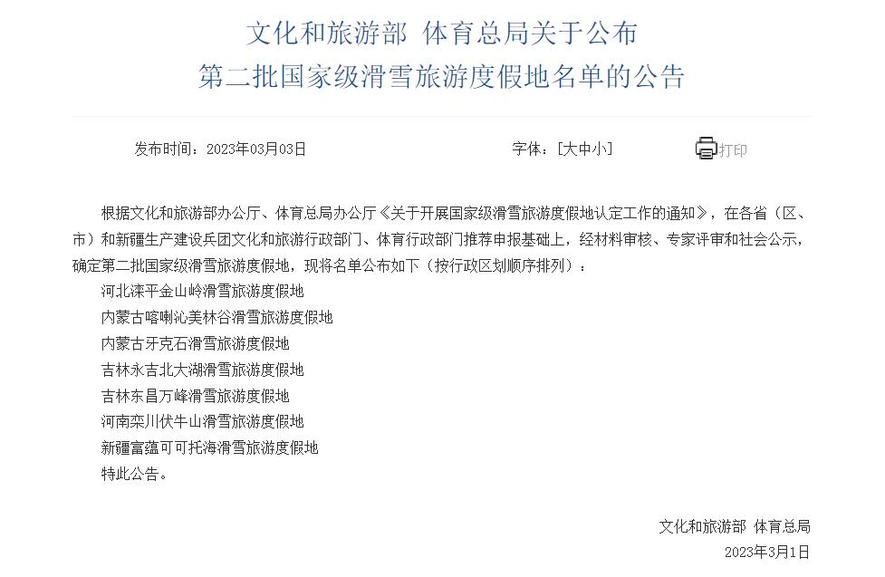 我國新增7個國家級滑雪旅遊度假地