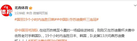中國羽毛球隊19個小時內連勝日韓，問鼎蘇迪曼杯