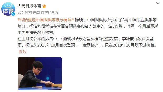 柯潔重返中國圍棋等級分榜首