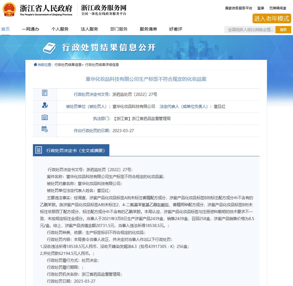 因生產標籤不符合規定的化妝品 章華化妝品科技公司被罰沒8萬餘元