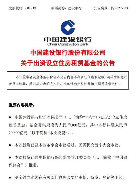 建行擬出資設立住房租賃基金 募集規模300億元