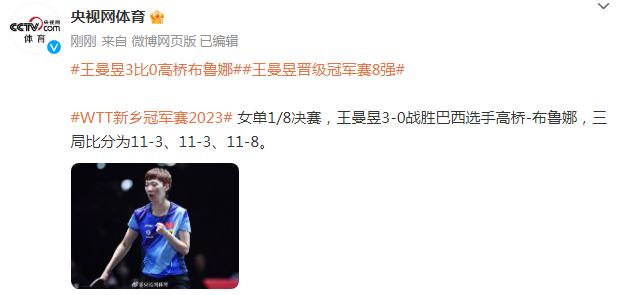 王曼昱3比0戰勝巴西選手高橋-布魯娜，晉級冠軍賽8強