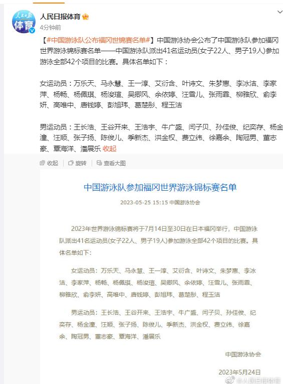 中國游泳隊公佈福岡世錦賽名單