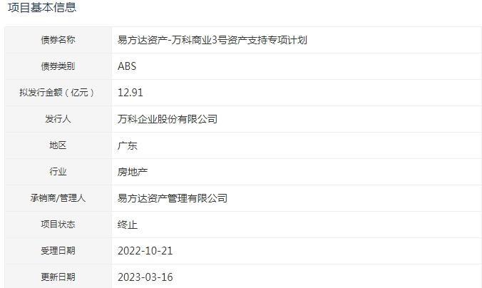 萬科12.9億元ABS項目狀態更新爲“終止”