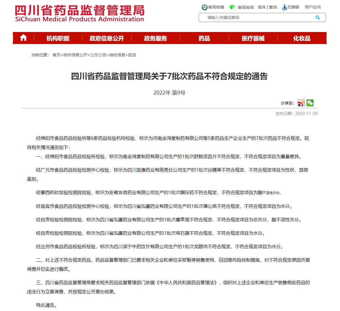 四川省藥監管局通報7批次藥品不合格 涉及南金鴻堂製藥、固康藥業等