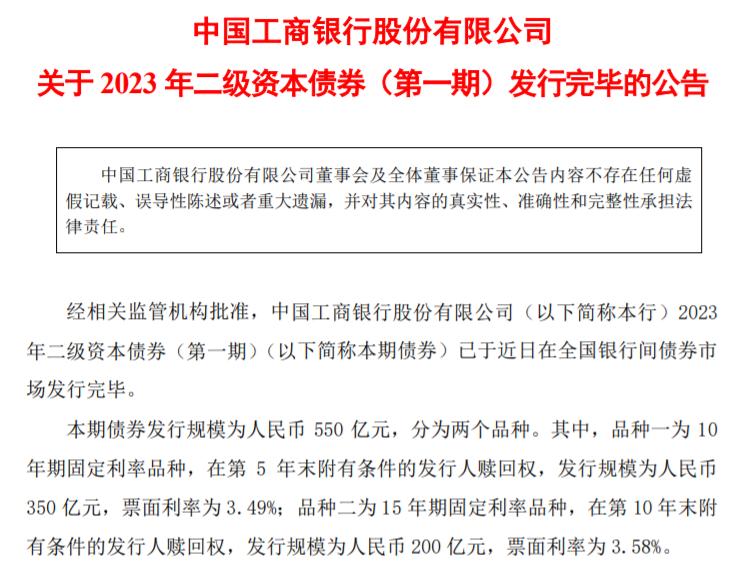 工商銀行發行550億元二級資本債券