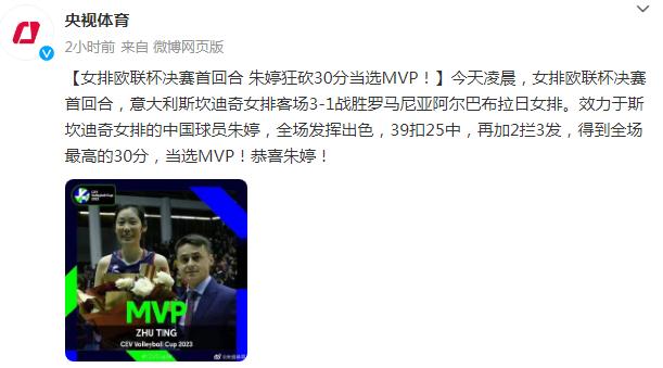 女排歐聯杯決賽首回合，朱婷狂砍30分當選MVP！