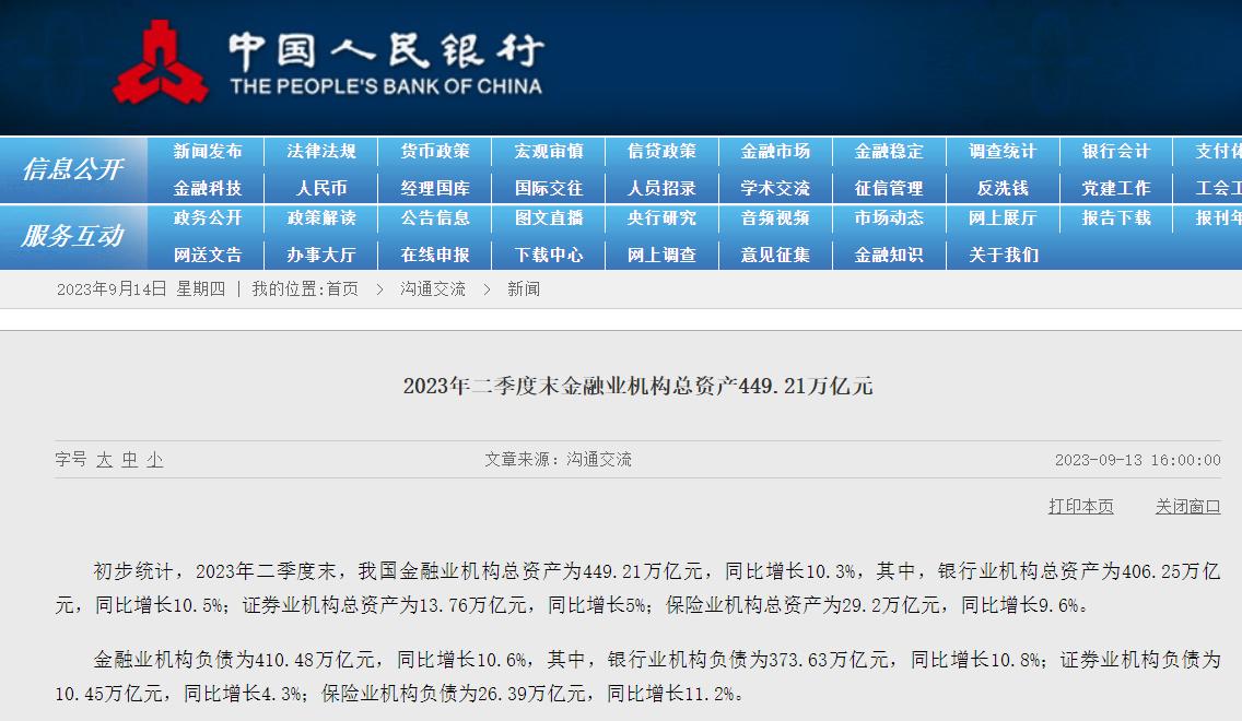 央行：二季度末銀行業機構總資產同比增長10.5%