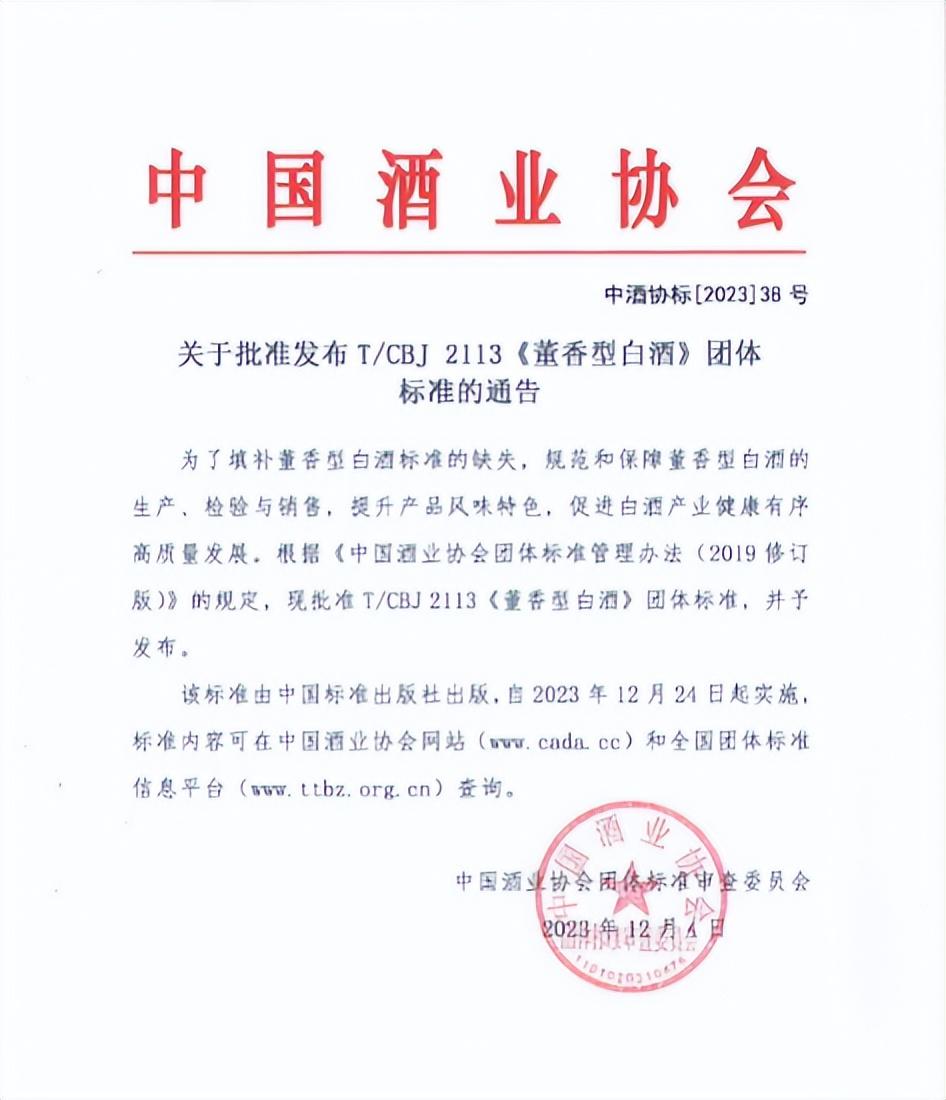 中國酒業協會批准發佈T/CBJ 2113《董香型白酒》團體標準