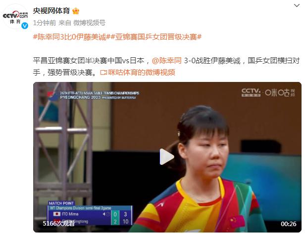 2023年平昌乒乓球亞錦賽女團半決賽，陳幸同3比0戰勝伊藤美誠