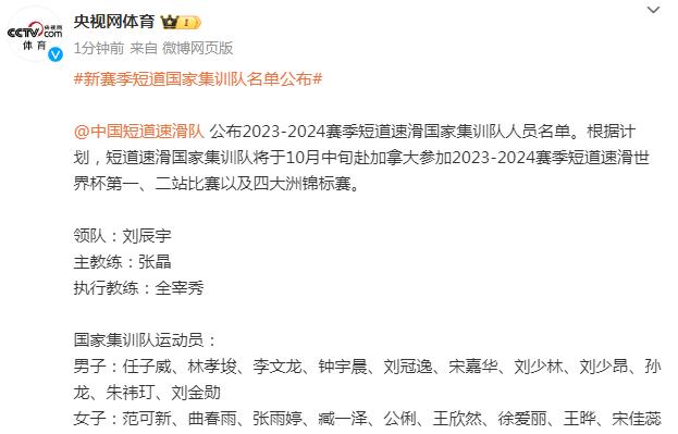 2023-2024賽季短道速滑國家集訓隊人員名單公佈