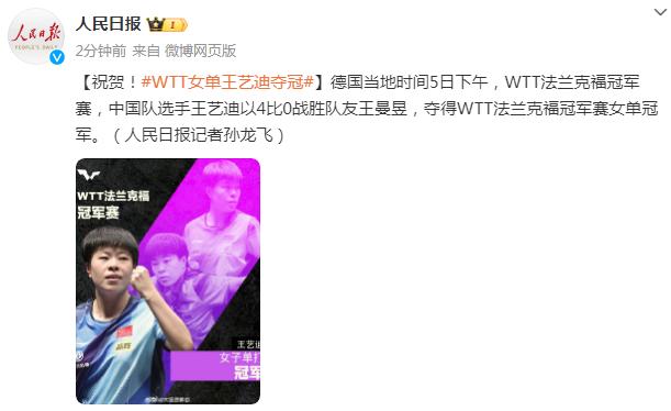 WTT法蘭克福冠軍賽：王藝迪4:0王曼昱奪冠