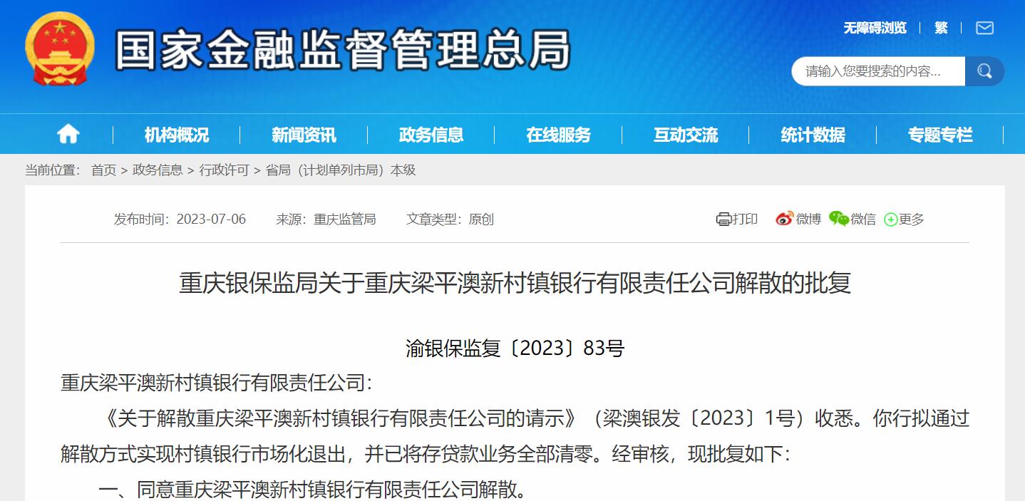 重慶一村鎮銀行獲批解散，存貸款業務全部清零