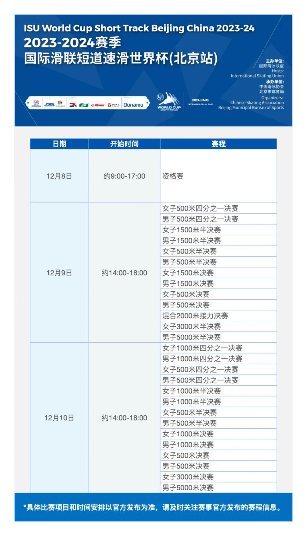 短道速滑世界盃北京站賽程公佈 中國隊全力備戰