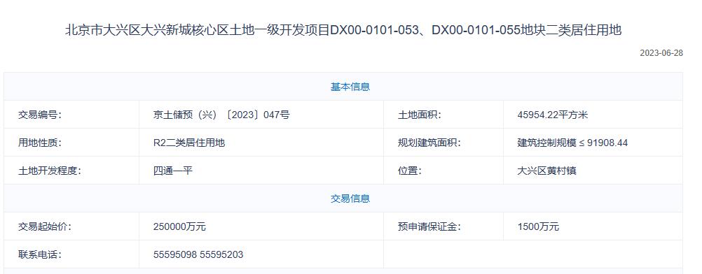 北京大興新城核心區掛牌一宗預申請用地 起始價25億元