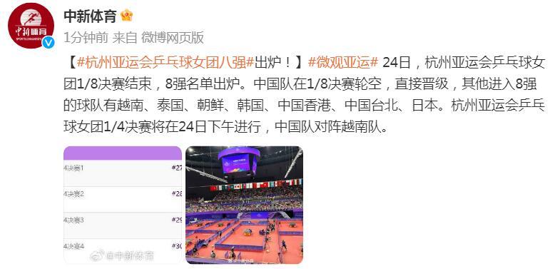 杭州亞運會乒乓球女團八強出爐