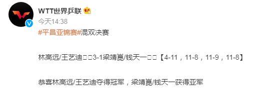 乒乓球亞錦賽：林高遠王藝迪亞錦賽混雙奪冠