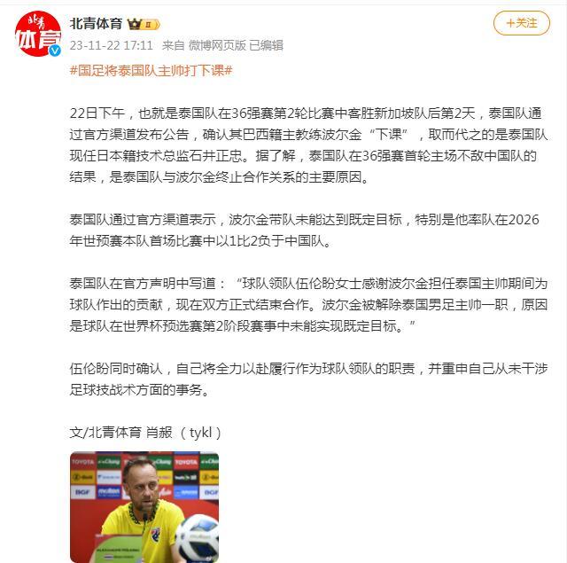 不敵中國男足，泰國隊主帥波爾金下課