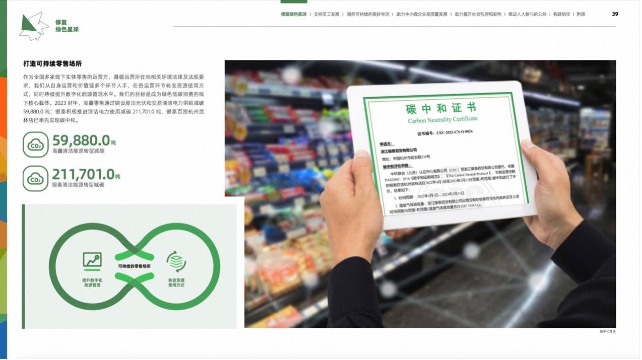 阿里2023年ESG報告：銀泰百貨一年內清潔電力使用量達3億度
