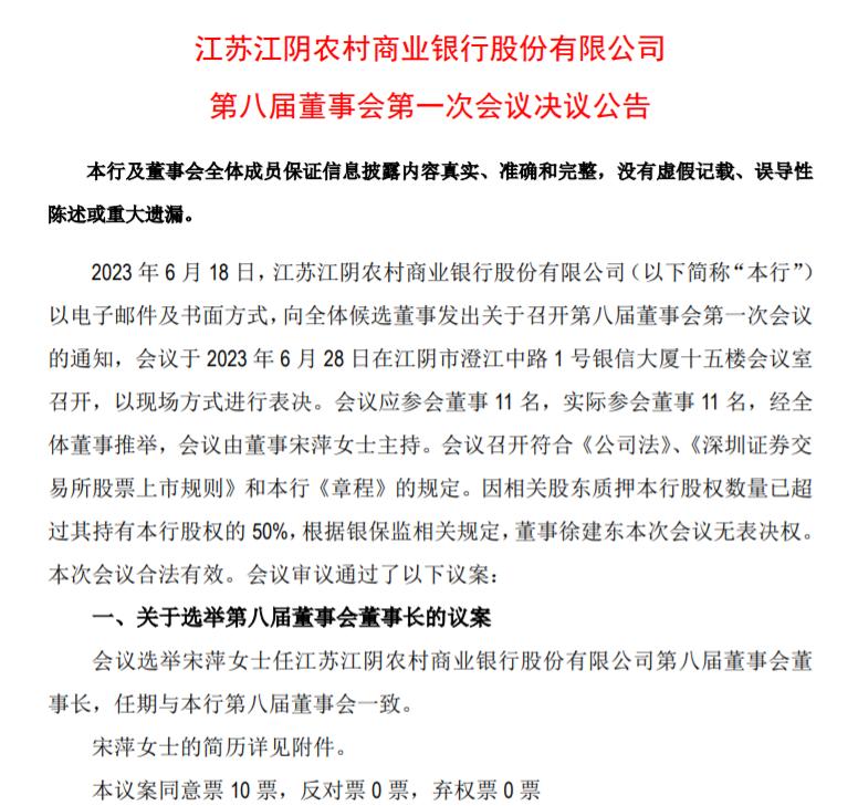 江陰銀行選舉宋萍任董事長，此前出任行長已滿四年