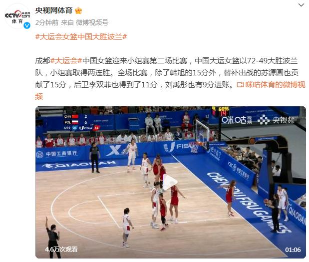 成都大運會中國女籃72-49大勝波蘭，小組賽取得兩連勝