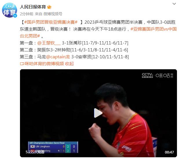 2023乒乓球亞錦賽，國乒男團晉級決賽