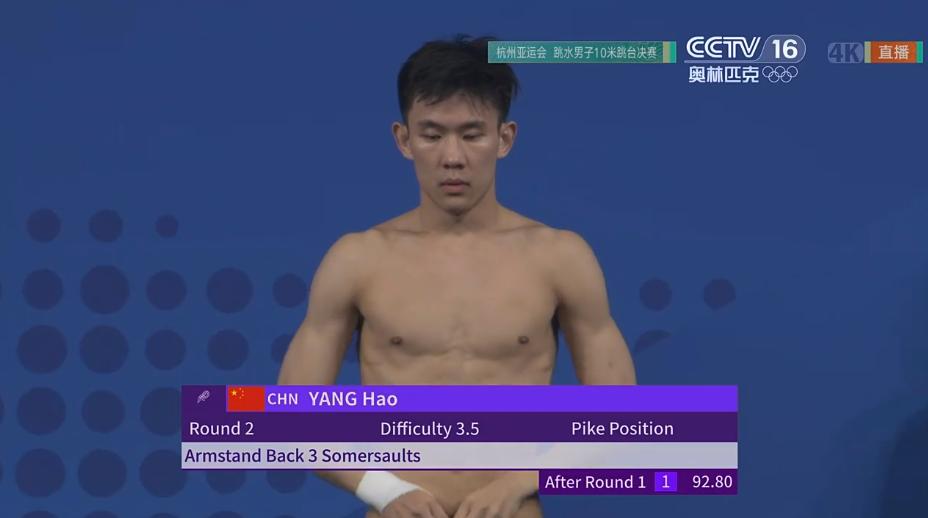 楊昊奪得杭州亞運會跳水男子10米臺金牌