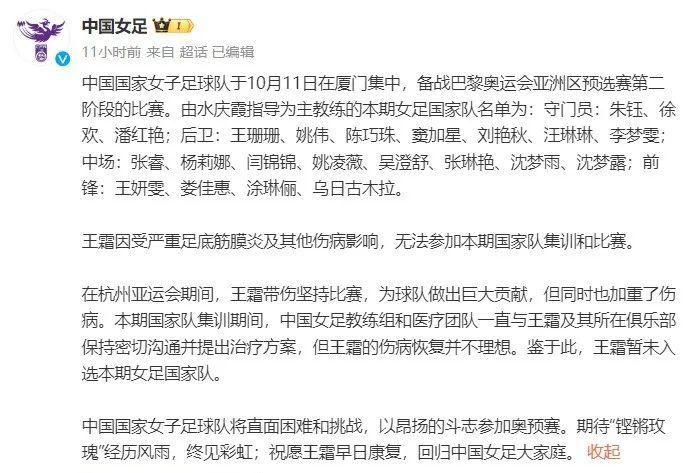 王霜因傷無緣中國女足大名單！“不爭氣的腳有時候下地都困難”