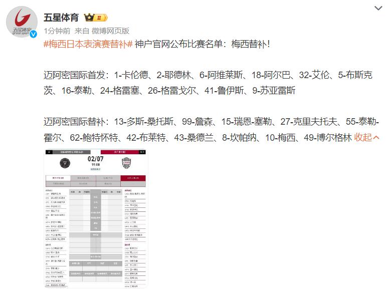 神戶勝利船官網公佈比賽名單：梅西出現在邁阿密國際替補名單中