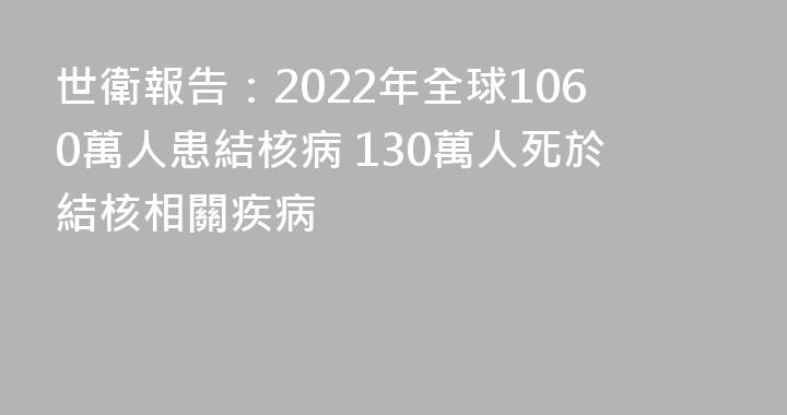 世衛報告：2022年全球1060萬人患結核病 130萬人死於結核相關疾病