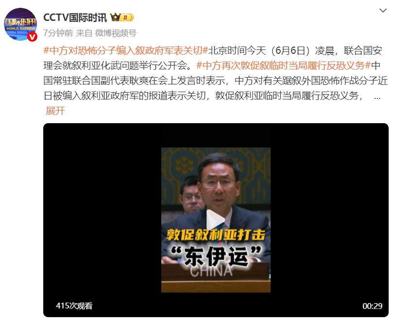 中方對恐怖分子編入敘政府軍表關切