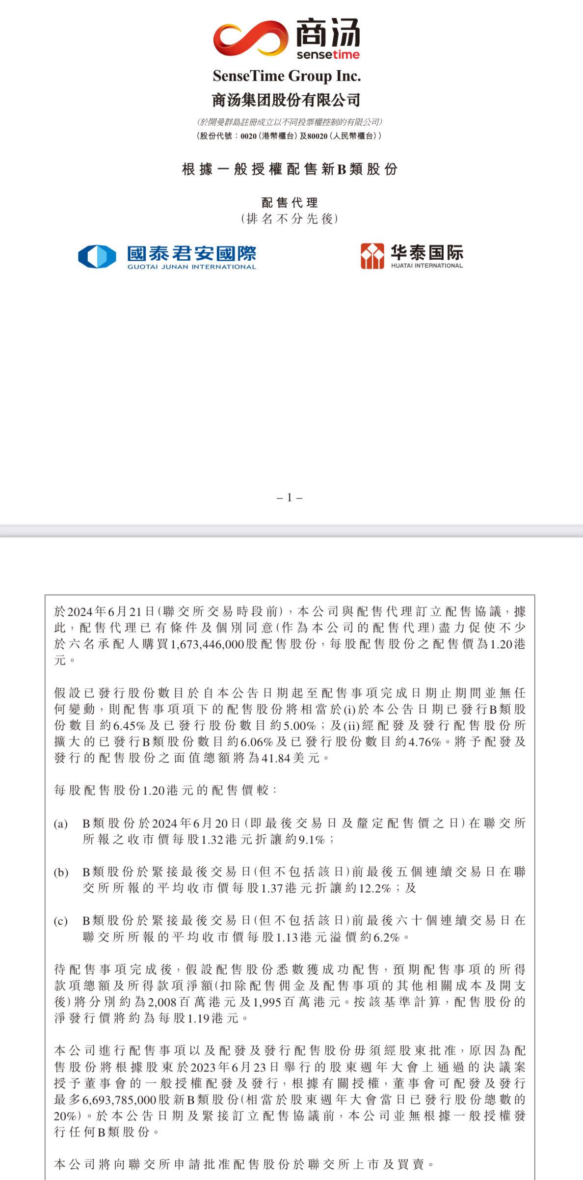 商湯擬以1.2港元/股配售16.73億股股份，折價9.1%