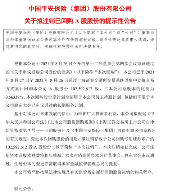 中國平安擬註銷1.03億A股股份，有望提升股東回報