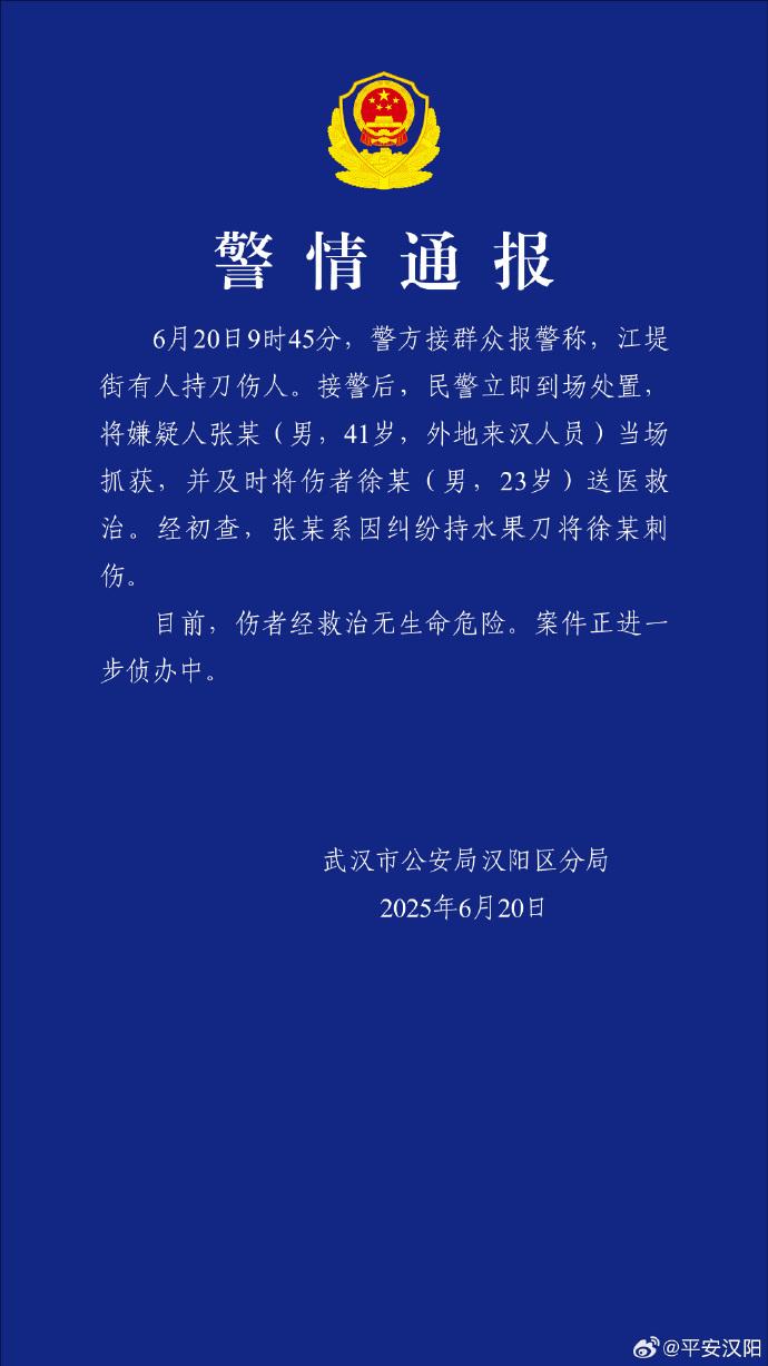 武漢漢陽區警方通報“江堤街有人持刀傷人”：嫌疑人被當場抓獲，傷者已送醫