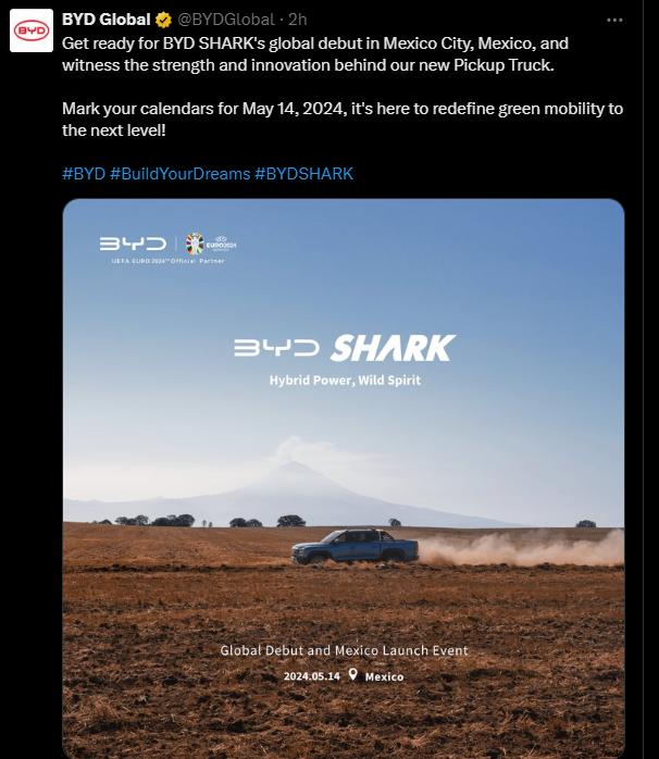 比亞迪將推出首款新能源皮卡SHARK，5月14日在墨西哥首發