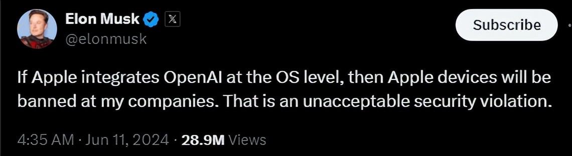 馬斯克發警告：蘋果若聯手OpenAI，我將全面封殺蘋果設備