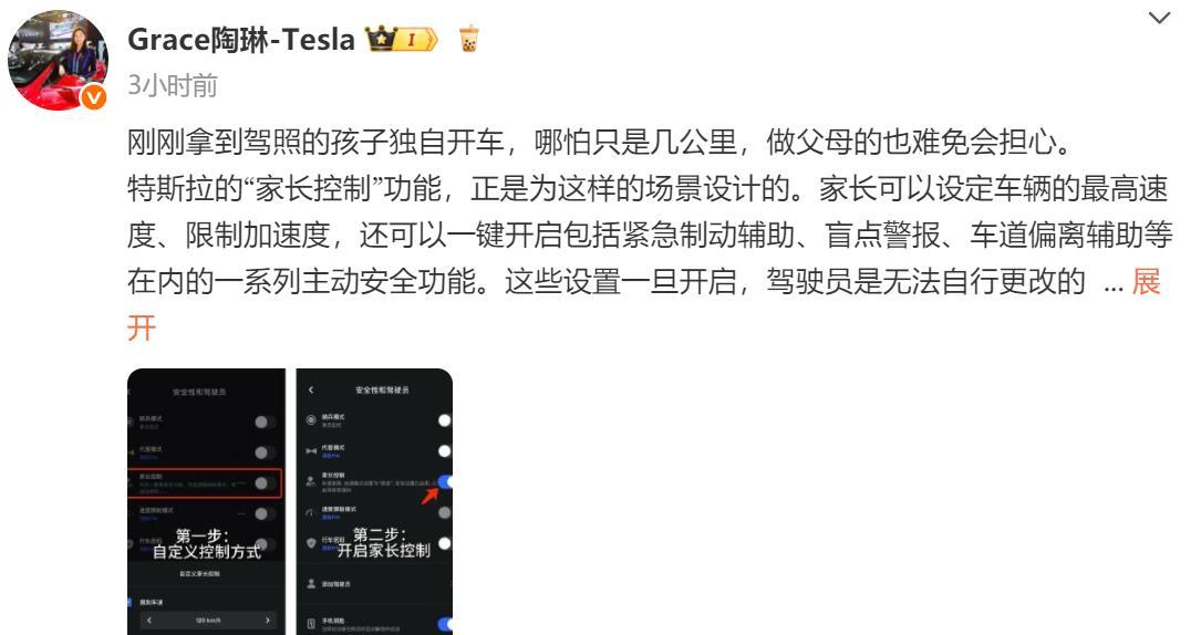 陶琳稱特斯拉“家長控制”功能還支持“宵禁通知”