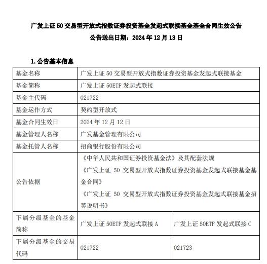 廣發上證50ETF發起式聯接成立，淨認購超3500萬元