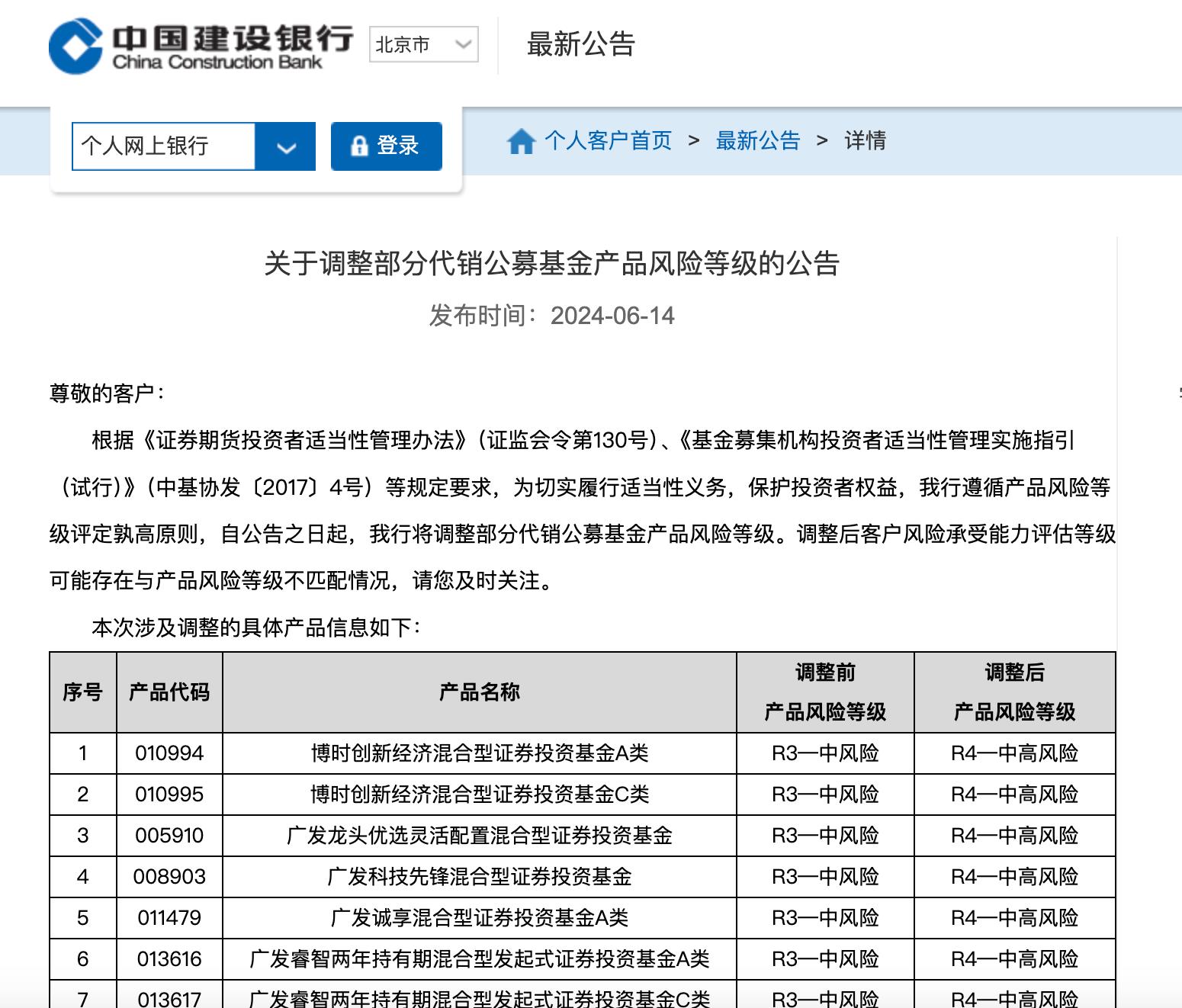 這家國有大行公告，調整部分代銷公募基金產品風險等級