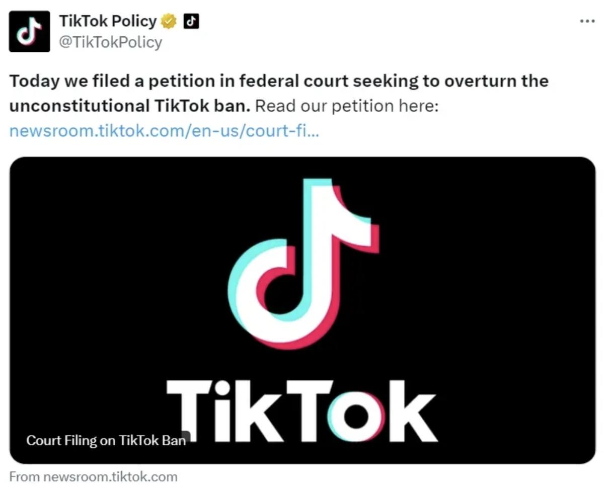 TikTok正式就封禁法案起訴美國政府違憲