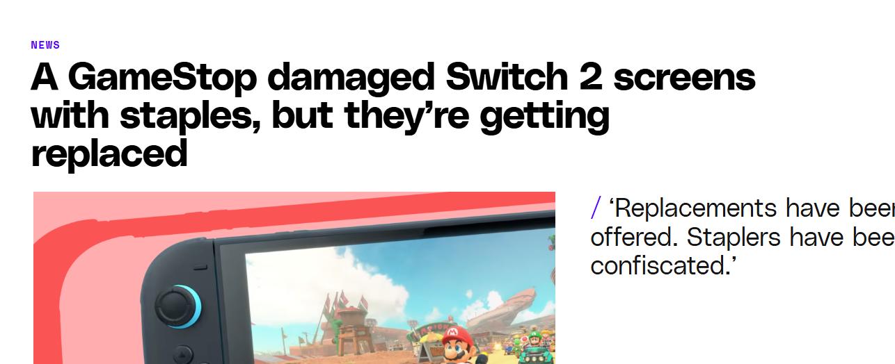 不少玩家稱購買Switch 2時屏幕受損，原因竟是訂書釘惹的禍