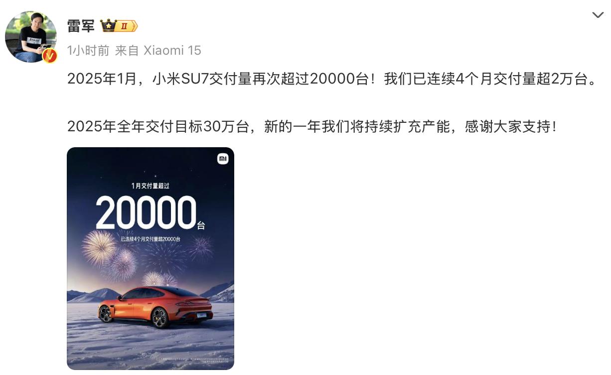 雷軍：小米SU7 2025全年交付目標30萬臺